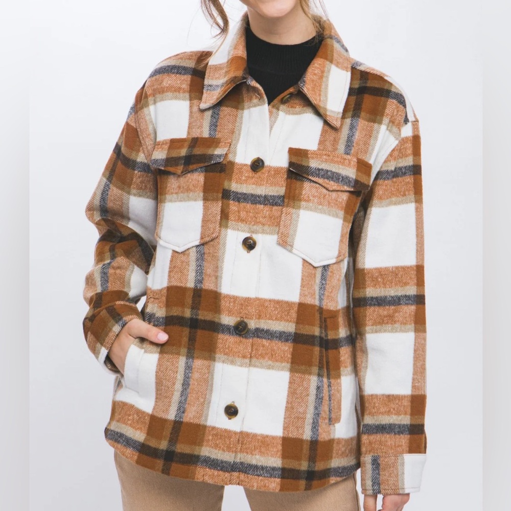 Love Tree Plaid Brown and White Button Up Shacket Sz S - Picture 4 of 12